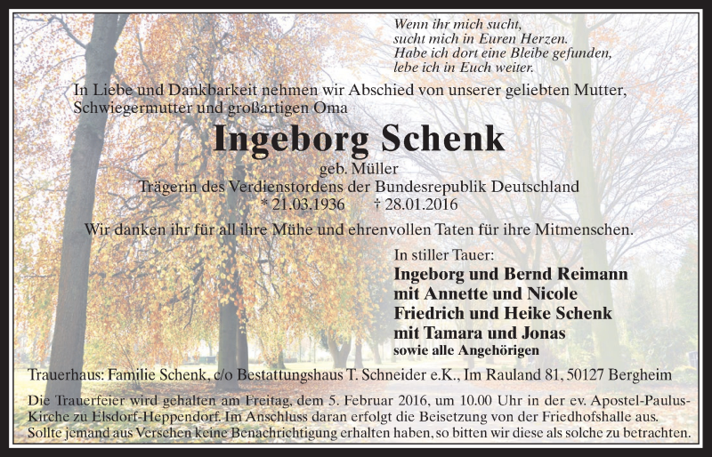  Traueranzeige für Ingeborg Schenk vom 03.02.2016 aus  Werbepost 