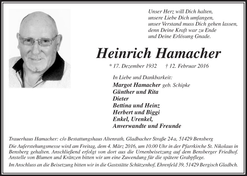  Traueranzeige für Heinrich Hamacher vom 24.02.2016 aus  Bergisches Handelsblatt 
