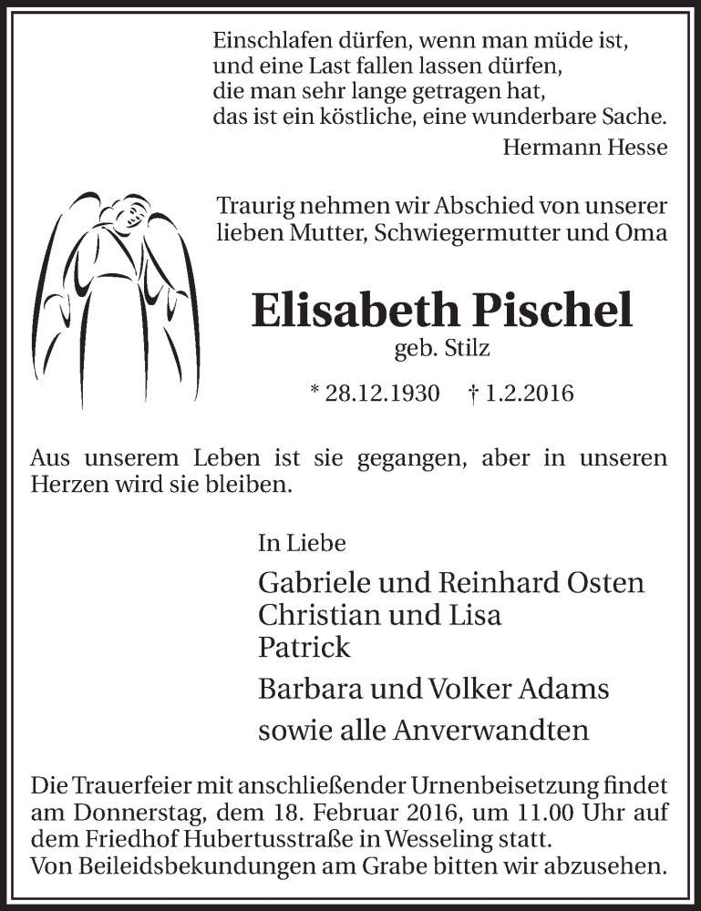  Traueranzeige für Elisabeth Pischel vom 17.02.2016 aus  Schlossbote/Werbekurier 