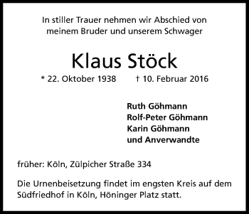 Anzeige von Klaus Stöck von Kölner Stadt-Anzeiger / Kölnische Rundschau / Express