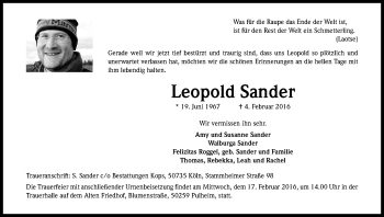 Anzeige von Leopold Sander von Kölner Stadt-Anzeiger / Kölnische Rundschau / Express