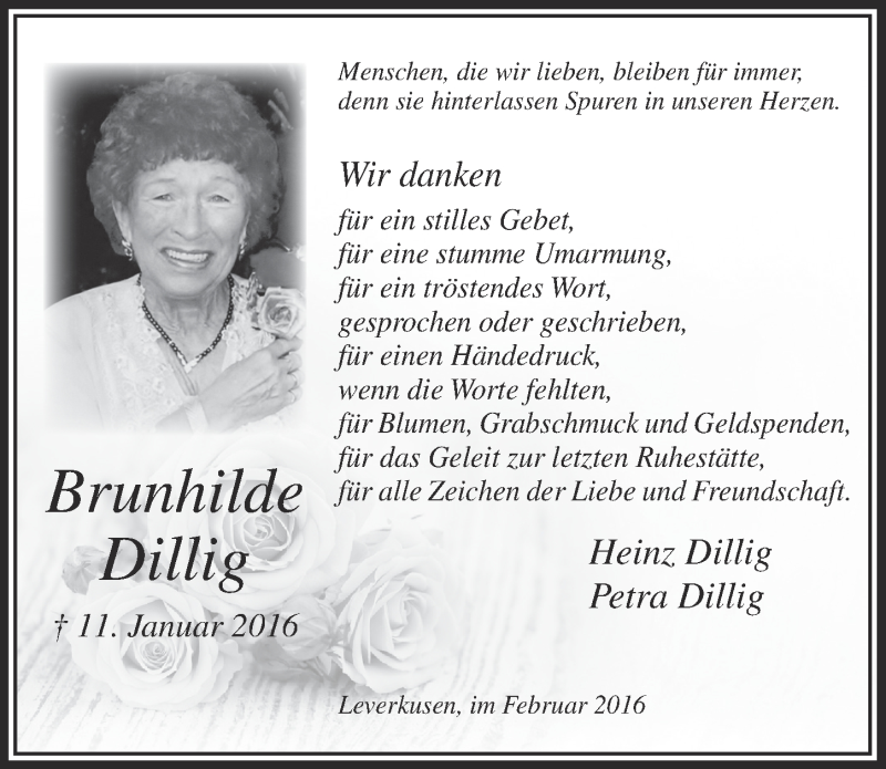  Traueranzeige für Brunhilde Dillig vom 17.02.2016 aus  Lokale Informationen 