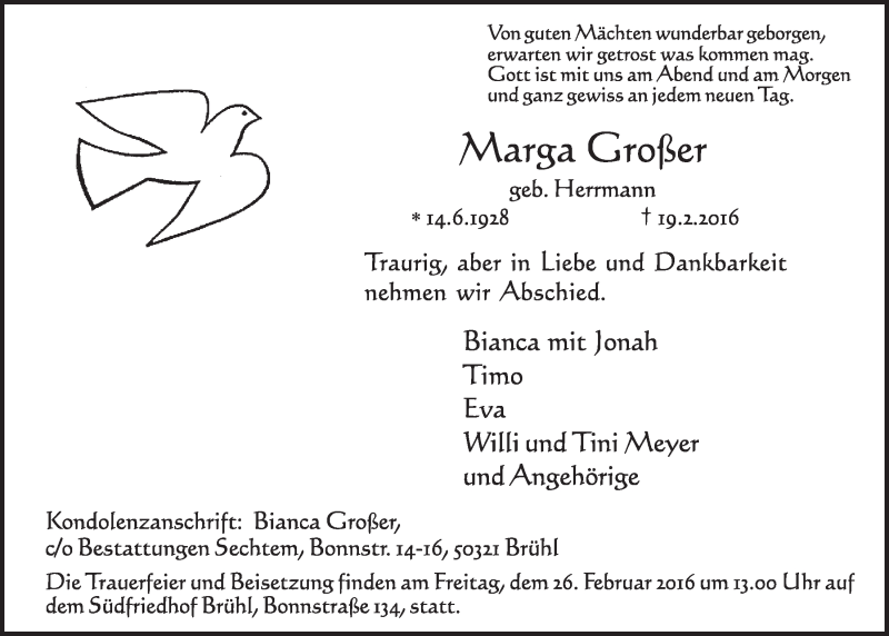  Traueranzeige für Marga Großer vom 24.02.2016 aus  Schlossbote/Werbekurier 