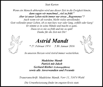 Anzeige von Astrid Mandt von Kölner Stadt-Anzeiger / Kölnische Rundschau / Express