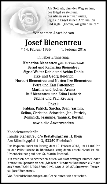 Anzeige von Josef Bienentreu von Kölner Stadt-Anzeiger / Kölnische Rundschau / Express