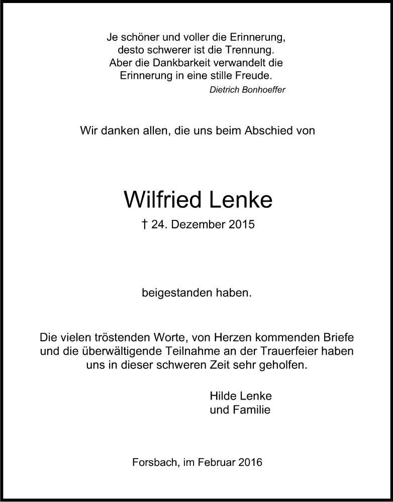  Traueranzeige für Wilfried Lenke vom 27.02.2016 aus Kölner Stadt-Anzeiger / Kölnische Rundschau / Express