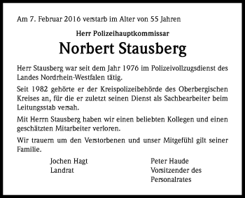 Anzeige von Norbert Stausberg von Kölner Stadt-Anzeiger / Kölnische Rundschau / Express