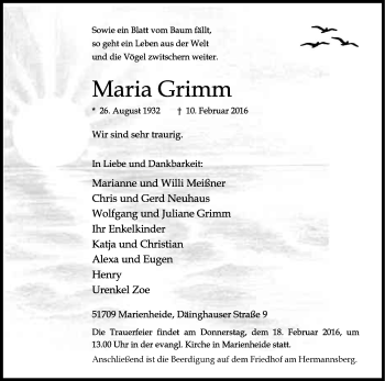 Anzeige von Maria Grimm von Kölner Stadt-Anzeiger / Kölnische Rundschau / Express