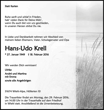 Anzeige von Hans-Udo Krell von Kölner Stadt-Anzeiger / Kölnische Rundschau / Express