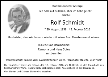 Anzeige von Rolf Schmidt von  Kölner Wochenspiegel 