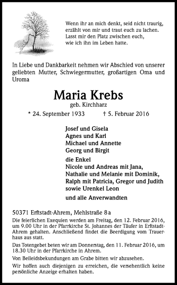 Anzeige von Maria Krebs von Kölner Stadt-Anzeiger / Kölnische Rundschau / Express