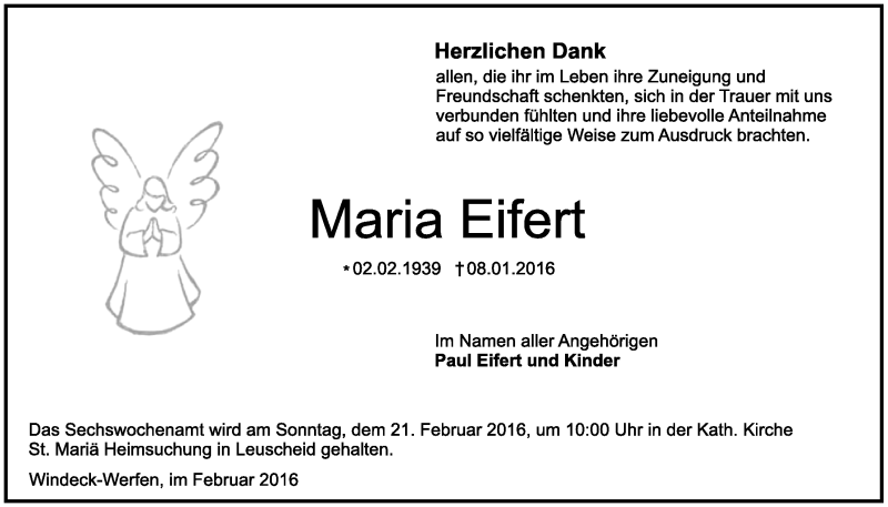  Traueranzeige für Maria Eifert vom 10.02.2016 aus  Extra Blatt 
