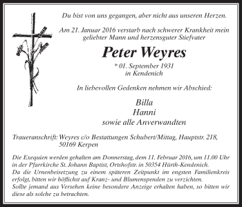 Anzeige von Peter Weyres von  Wochenende 