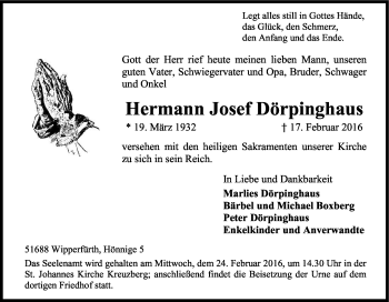 Anzeige von Hermann Josef Dörpinghaus von Kölner Stadt-Anzeiger / Kölnische Rundschau / Express