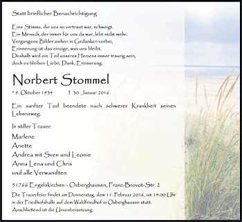 Anzeige von Norbert Stommel von Kölner Stadt-Anzeiger / Kölnische Rundschau / Express