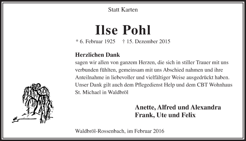  Traueranzeige für Ilse Pohl vom 24.02.2016 aus  Lokalanzeiger 