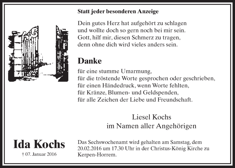  Traueranzeige für Ida Kochs vom 13.02.2016 aus  Sonntags-Post 
