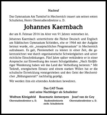 Anzeige von Johannes Kaernbach von Kölner Stadt-Anzeiger / Kölnische Rundschau / Express