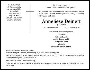 Anzeige von Anneliese Deinert von Kölner Stadt-Anzeiger / Kölnische Rundschau / Express