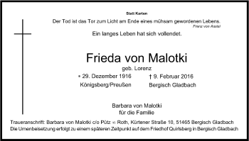 Anzeige von Frieda von Malotki von Kölner Stadt-Anzeiger / Kölnische Rundschau / Express