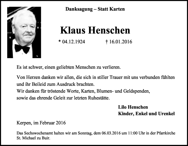  Traueranzeige für Klaus Henschen vom 20.02.2016 aus Kölner Stadt-Anzeiger / Kölnische Rundschau / Express