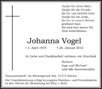 Anzeige von Johanna Vogel von  Bergisches Handelsblatt 