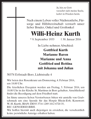 Anzeige von Willi-Heinz Kurth von  Werbepost 