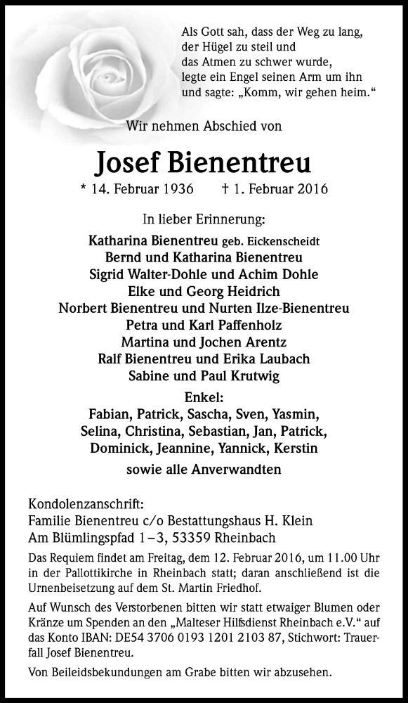  Traueranzeige für Josef Bienentreu vom 06.02.2016 aus Kölner Stadt-Anzeiger / Kölnische Rundschau / Express