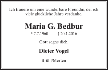 Anzeige von Maria G. Bedbur von  Schlossbote/Werbekurier 