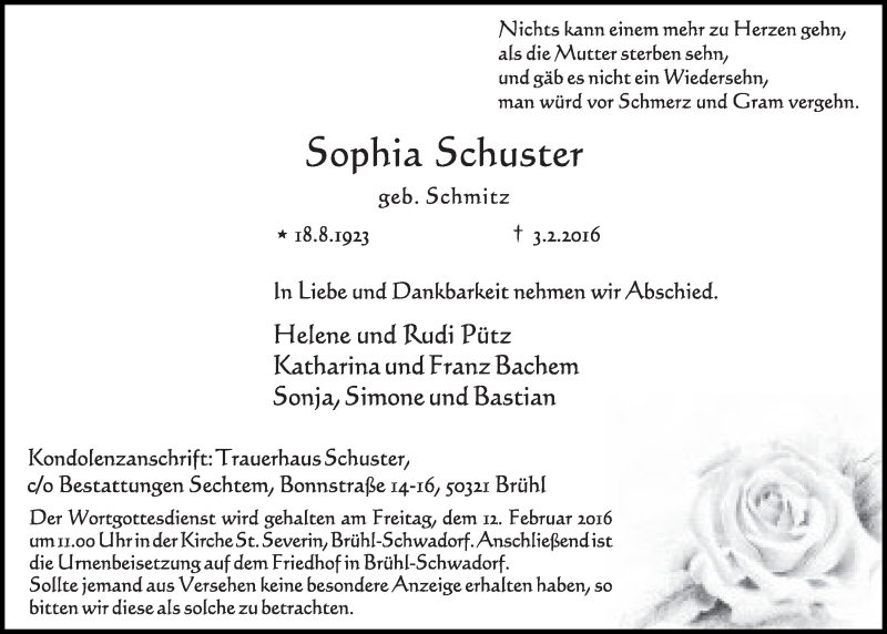  Traueranzeige für Sophia Schuster vom 10.02.2016 aus  Schlossbote/Werbekurier 