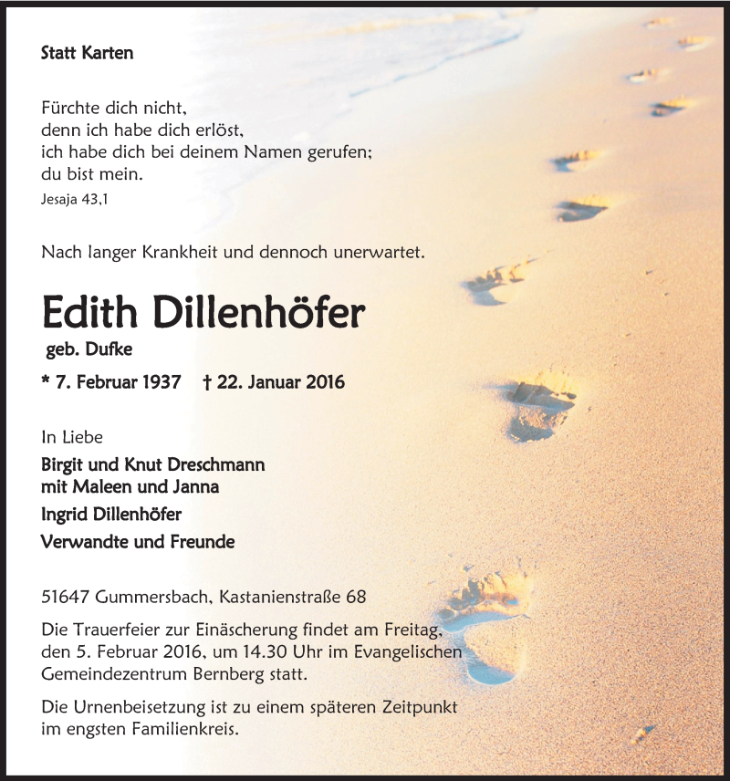  Traueranzeige für Edith Dillenhöfer vom 03.02.2016 aus  Anzeigen Echo 