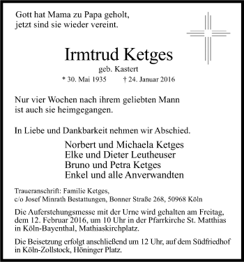 Anzeige von Irmtrud Ketges von Kölner Stadt-Anzeiger / Kölnische Rundschau / Express