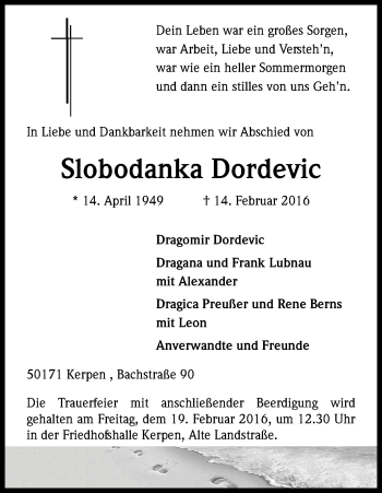 Anzeige von Slobodanka Dordevic von Kölner Stadt-Anzeiger / Kölnische Rundschau / Express
