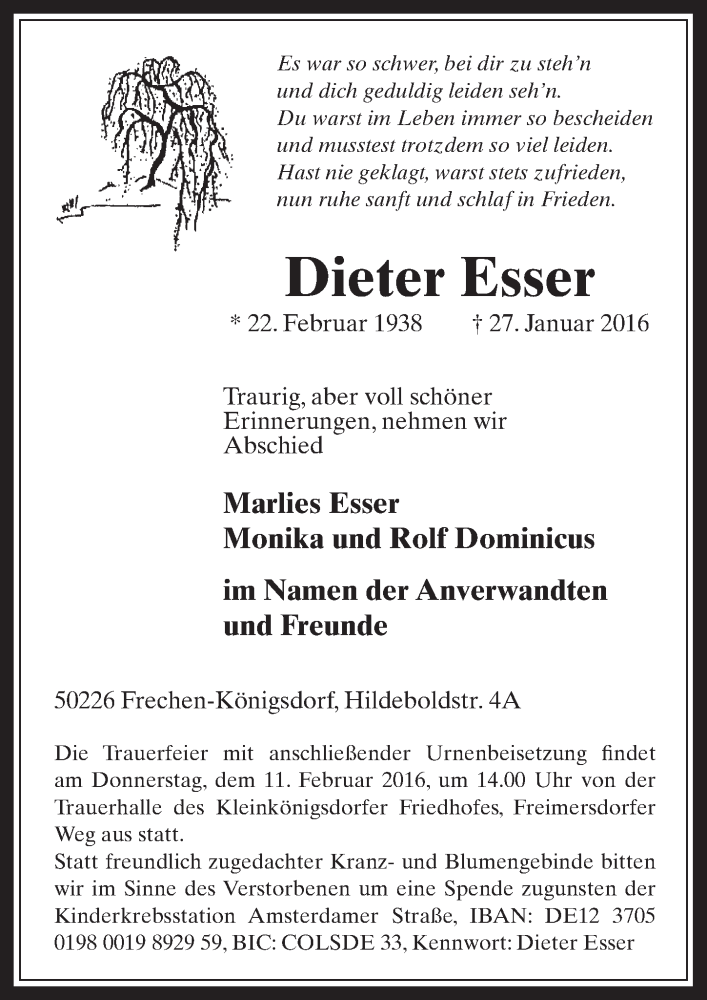 Traueranzeige für Dieter Esser vom 03.02.2016 aus  Wochenende 