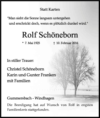 Anzeige von Rolf Schöneborn von Kölner Stadt-Anzeiger / Kölnische Rundschau / Express