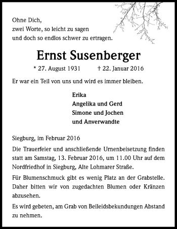 Anzeige von Ernst Susenberger von Kölner Stadt-Anzeiger / Kölnische Rundschau / Express