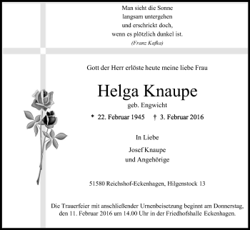 Anzeige von Helga Knaupe von Kölner Stadt-Anzeiger / Kölnische Rundschau / Express