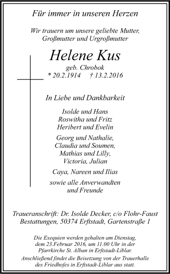Anzeige von Helene Kus von Kölner Stadt-Anzeiger / Kölnische Rundschau / Express