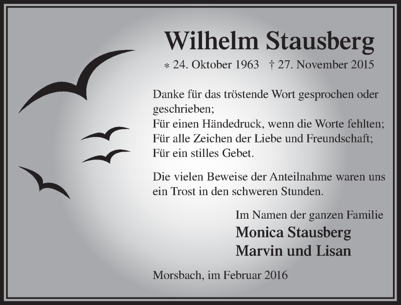  Traueranzeige für Wilhelm Stausberg vom 10.02.2016 aus  Anzeigen Echo  Lokalanzeiger 