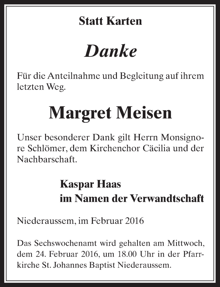  Traueranzeige für Margret Meisen vom 17.02.2016 aus  Werbepost 