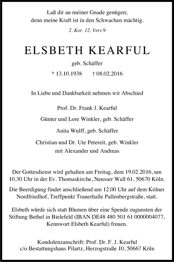  Traueranzeige für Elsbeth Kearful vom 15.02.2016 aus Kölner Stadt-Anzeiger / Kölnische Rundschau / Express
