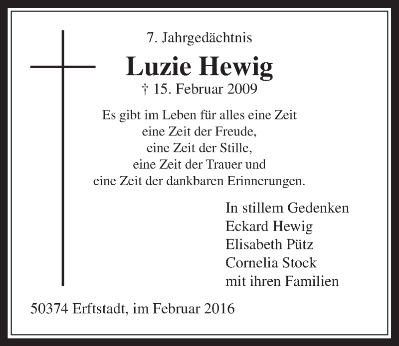  Traueranzeige für Luzie Hewig vom 17.02.2016 aus  Werbepost 