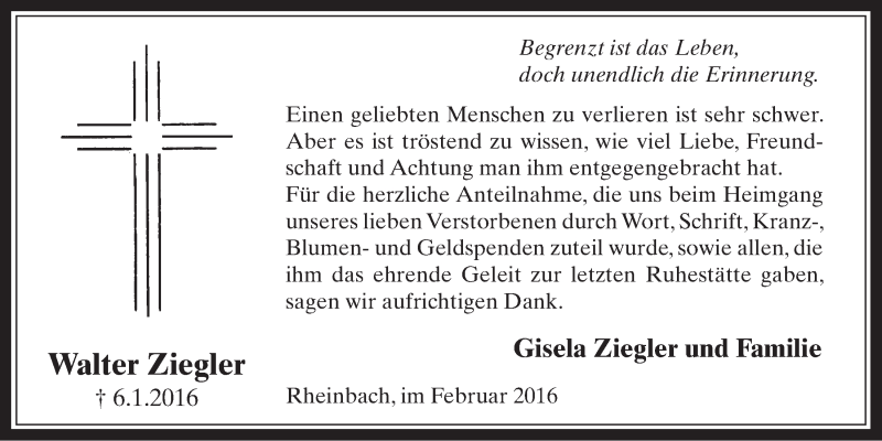  Traueranzeige für Walter Ziegler vom 03.02.2016 aus  Schaufenster/Blickpunkt 
