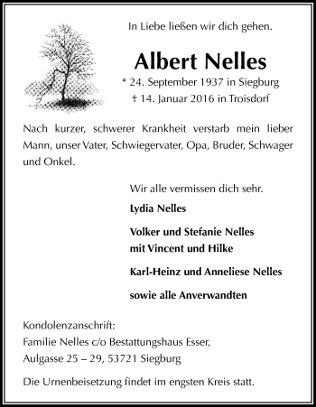 Anzeige von Albert Nelles von Kölner Stadt-Anzeiger / Kölnische Rundschau / Express