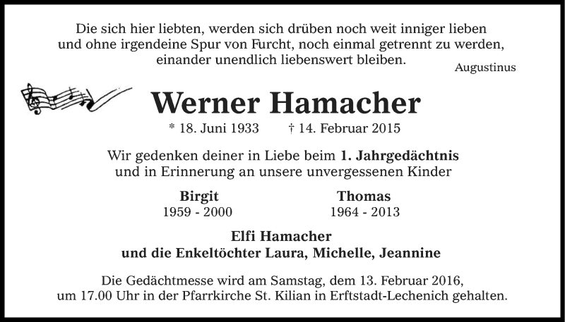  Traueranzeige für Werner Hamacher vom 10.02.2016 aus Kölner Stadt-Anzeiger / Kölnische Rundschau / Express