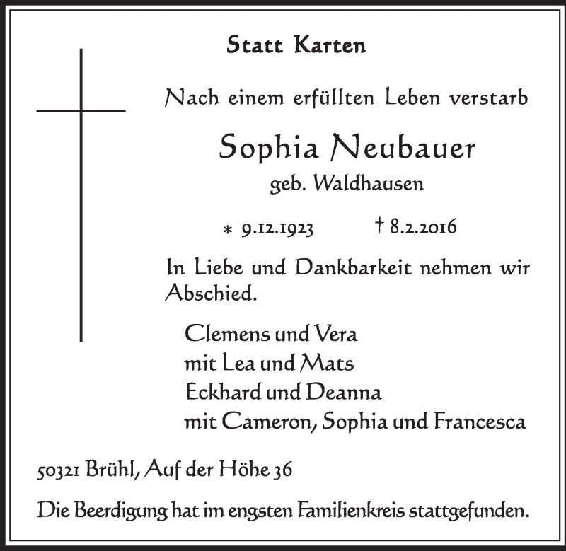  Traueranzeige für Sophia Neubauer vom 17.02.2016 aus  Schlossbote/Werbekurier 