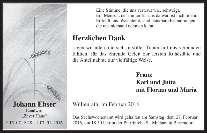  Traueranzeige für Johann Ehser vom 17.02.2016 aus  Werbepost 