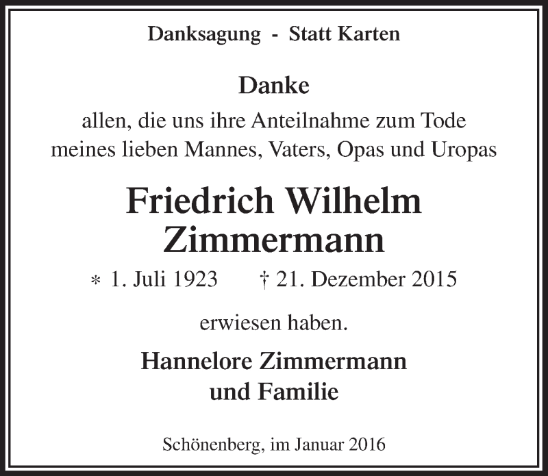  Traueranzeige für Friedrich Wilhelm Zimmermann vom 03.02.2016 aus  Anzeigen Echo 