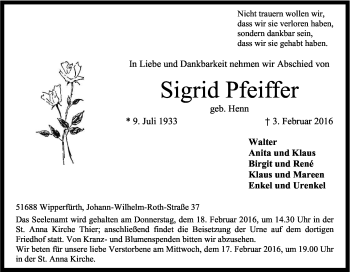 Anzeige von Sigrid Pfeiffer von Kölner Stadt-Anzeiger / Kölnische Rundschau / Express