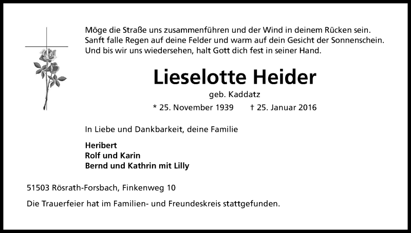  Traueranzeige für Lieselotte Heider vom 06.02.2016 aus Kölner Stadt-Anzeiger / Kölnische Rundschau / Express
